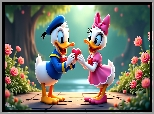Kaczor Donald, Kaczka Daisy, Kwiaty, Serce, Bajka, Disney, Grafika AI
