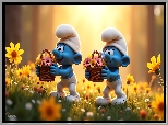 Dwa, Smerfy, Koszyczki, Kwiaty, Grafika